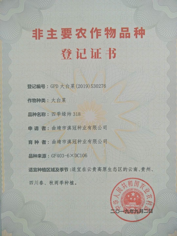 非主要農作物品種登記證書-大白菜四季綠帥318